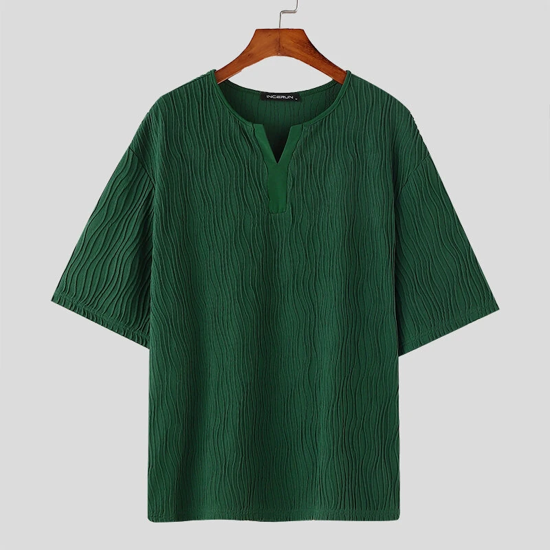 INCERUN Mens Textured Half Sleeve T-Shirt Modern Minimalist Solid Color Casual Short Sleeve Top for Men Large Size S-5XL — view 4