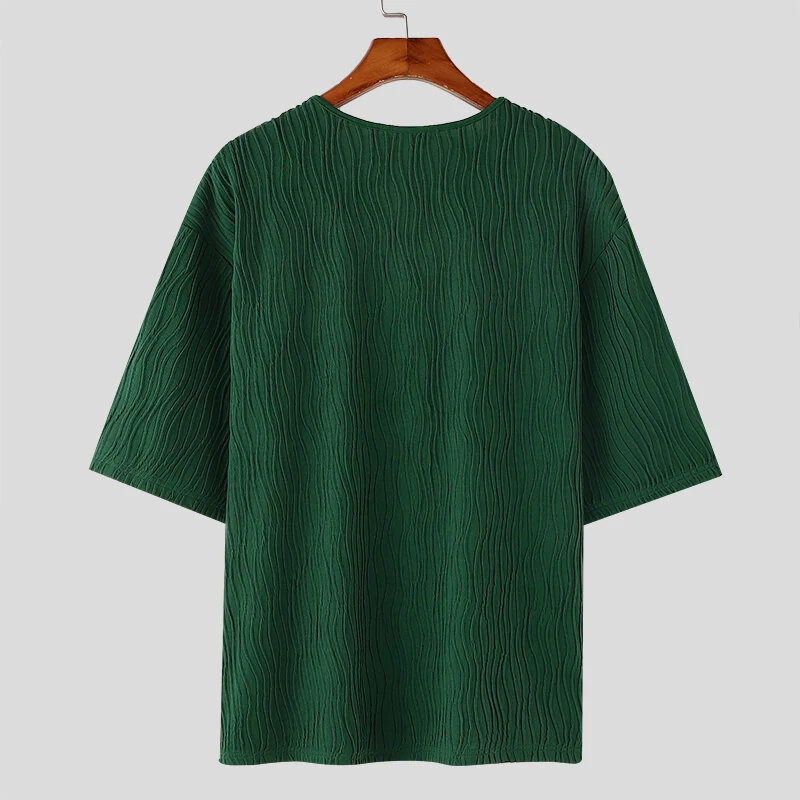 INCERUN Mens Textured Half Sleeve T-Shirt Modern Minimalist Solid Color Casual Short Sleeve Top for Men Large Size S-5XL — view 6