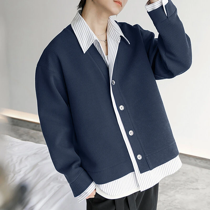 INCERUN Mens Textured Patchwork Striped Long Sleeve Shirt Fashion Lapel Men Top Comfortable — view 2