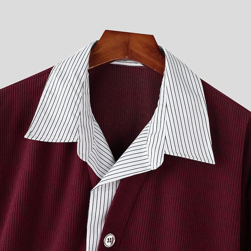 INCERUN Mens Textured Patchwork Striped Long Sleeve Shirt Fashion Lapel Men Top Comfortable — view 5