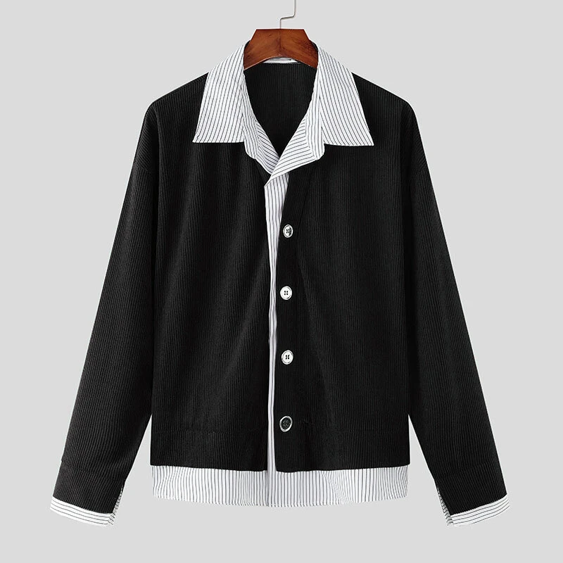 INCERUN Mens Textured Patchwork Striped Long Sleeve Shirt Fashion Lapel Men Top Comfortable — view 9