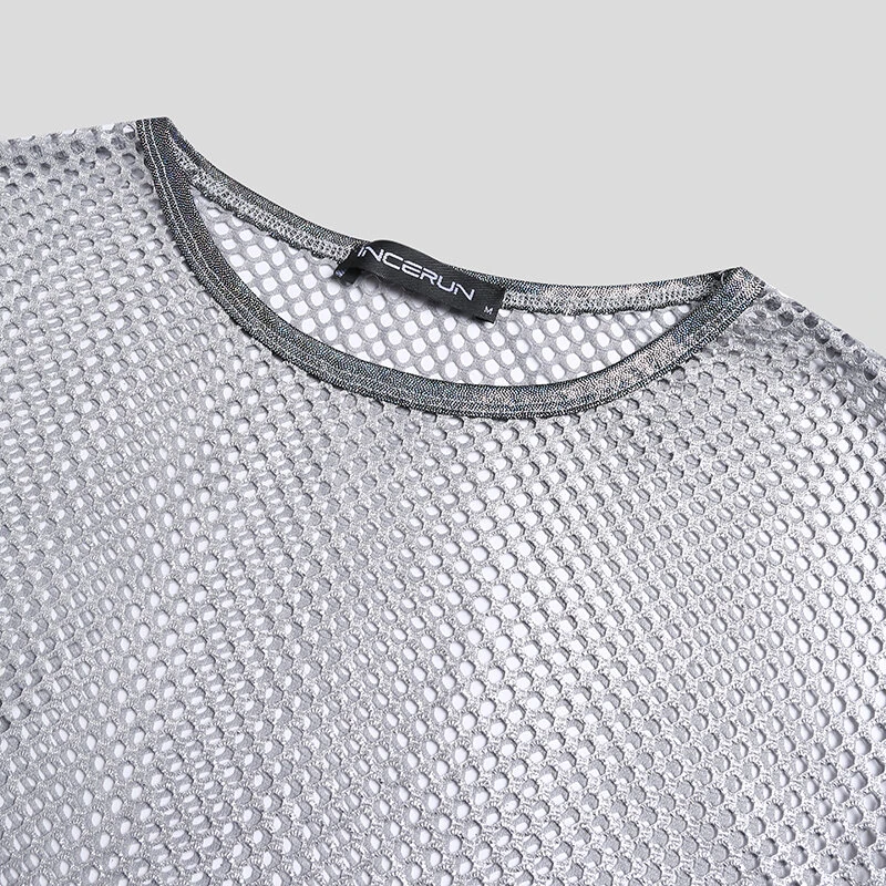 INCERUN Mens Tshirt Fashion Shiny Mesh Patchwork See Through Fishnet Short Sleeve T-Shirt Summer Cool Short Top — view 6