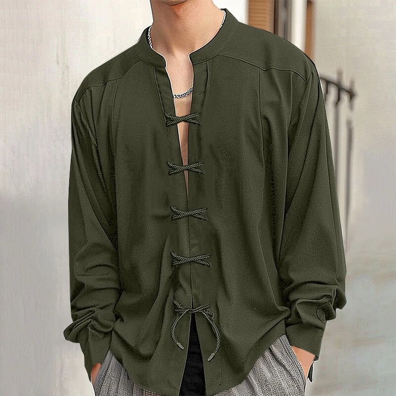 INCERUN Mens V Neck Long Sleeve Shirt Fashion Solid Color Lace Up Top Shirt for Male — INCERUN