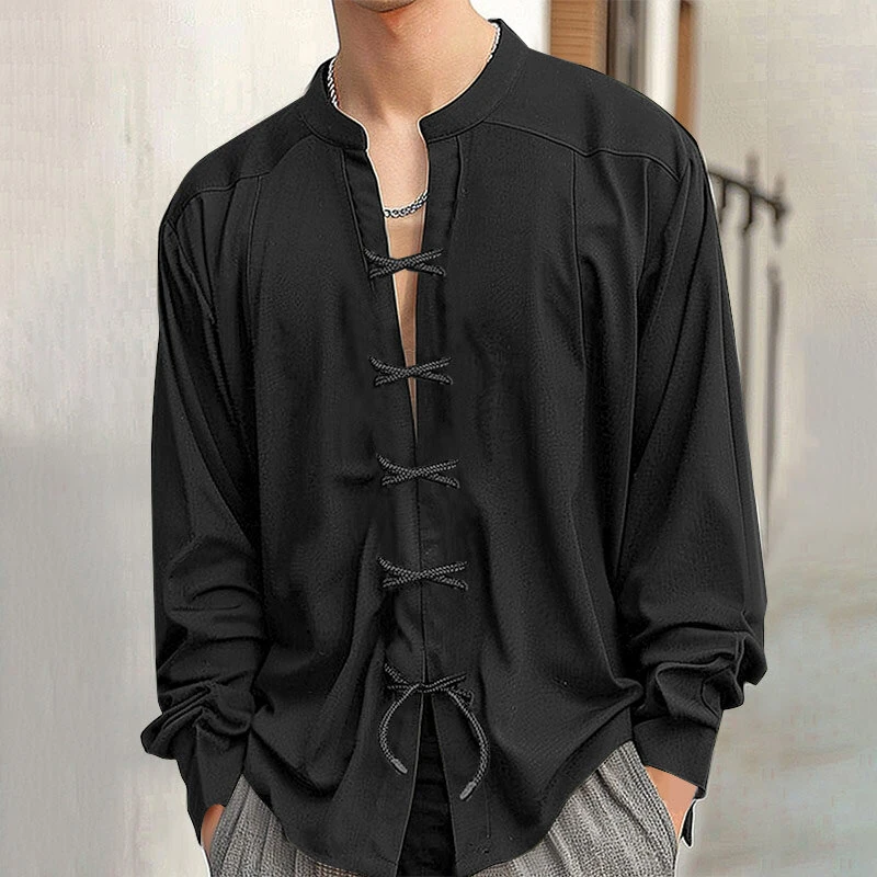 INCERUN Mens V Neck Long Sleeve Shirt Fashion Solid Color Lace Up Top Shirt for Male — view 3