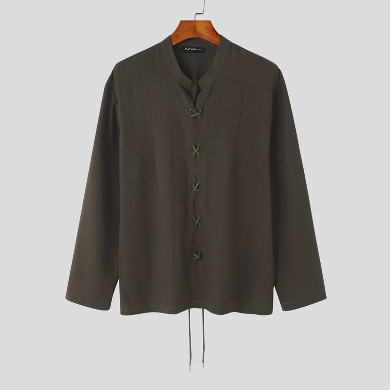INCERUN Mens V Neck Long Sleeve Shirt Fashion Solid Color Lace Up Top Shirt for Male — view 4