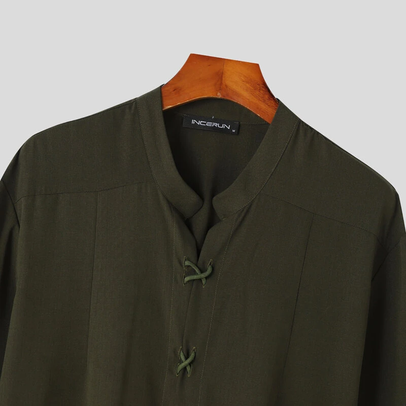 INCERUN Mens V Neck Long Sleeve Shirt Fashion Solid Color Lace Up Top Shirt for Male — view 5
