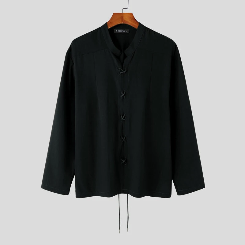 INCERUN Mens V Neck Long Sleeve Shirt Fashion Solid Color Lace Up Top Shirt for Male — view 8