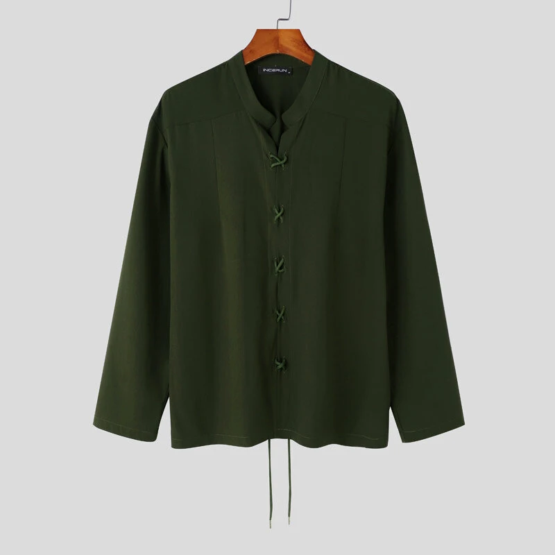 INCERUN Mens V Neck Long Sleeve Shirt Fashion Solid Color Lace Up Top Shirt for Male — view 9