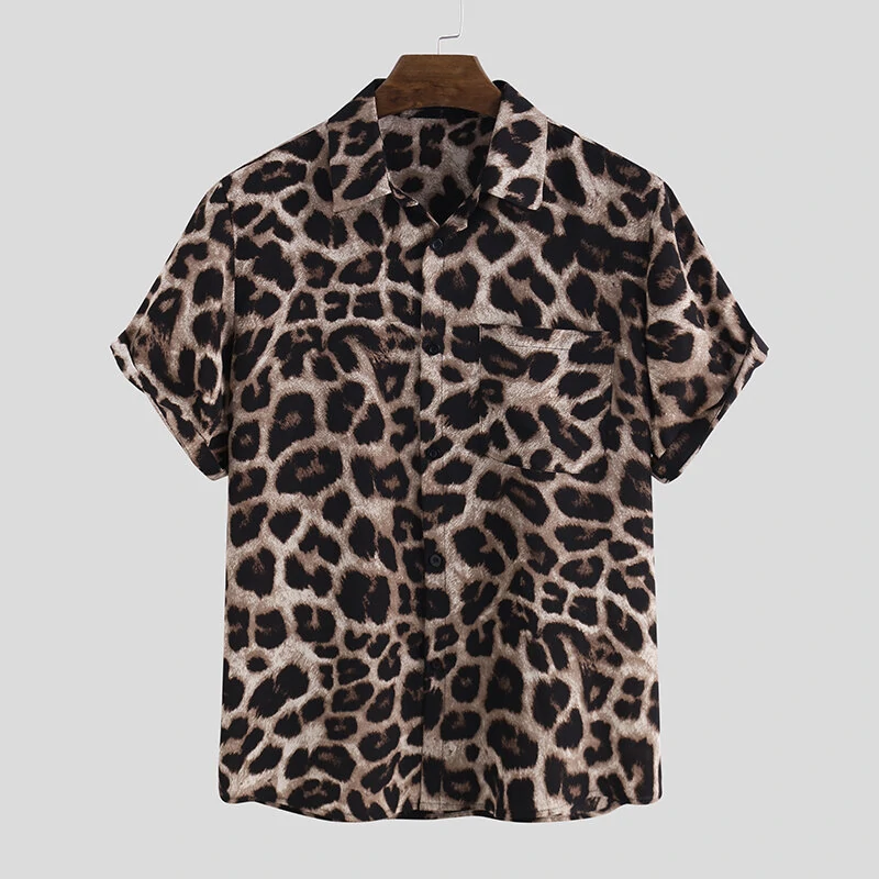 INCERUN Summer Leopard Print Shirts Fashion Men Short Sleeve Lapel Shirt Casual Floral Blouse Men Hawaiian Beach Tops — view 3
