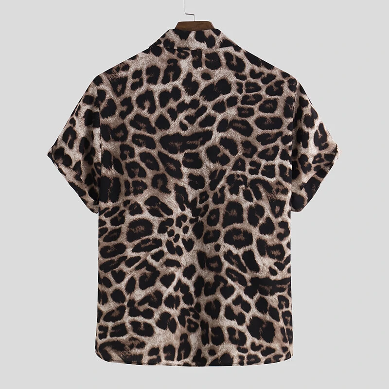 INCERUN Summer Leopard Print Shirts Fashion Men Short Sleeve Lapel Shirt Casual Floral Blouse Men Hawaiian Beach Tops — view 4