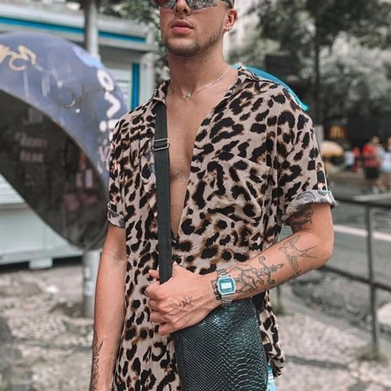 INCERUN Summer Leopard Print Shirts Fashion Men Short Sleeve Lapel Shirt Casual Floral Blouse Men Hawaiian Beach Tops — view 5