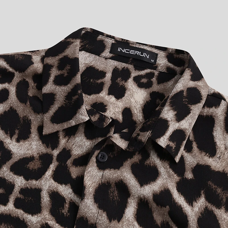INCERUN Summer Leopard Print Shirts Fashion Men Short Sleeve Lapel Shirt Casual Floral Blouse Men Hawaiian Beach Tops — view 8