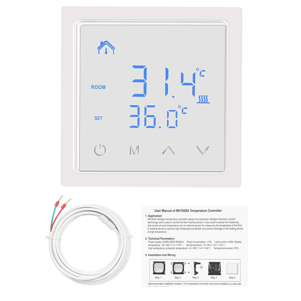 Intelligent Thermostat 16A Floor Heating Temperature Controller with LED Touch Screen 85-265V Electric Heating Control — view 5