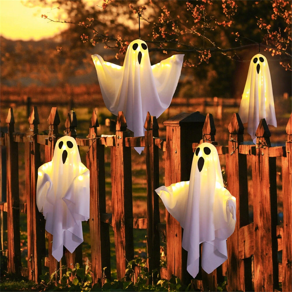 IPRee 1PC Halloween LED Ghost Lights Decorations Adjustable Hanging Spooky Decor with Fairy Light Indoor Outdoor Haunted House Halloween Decoration — view 5