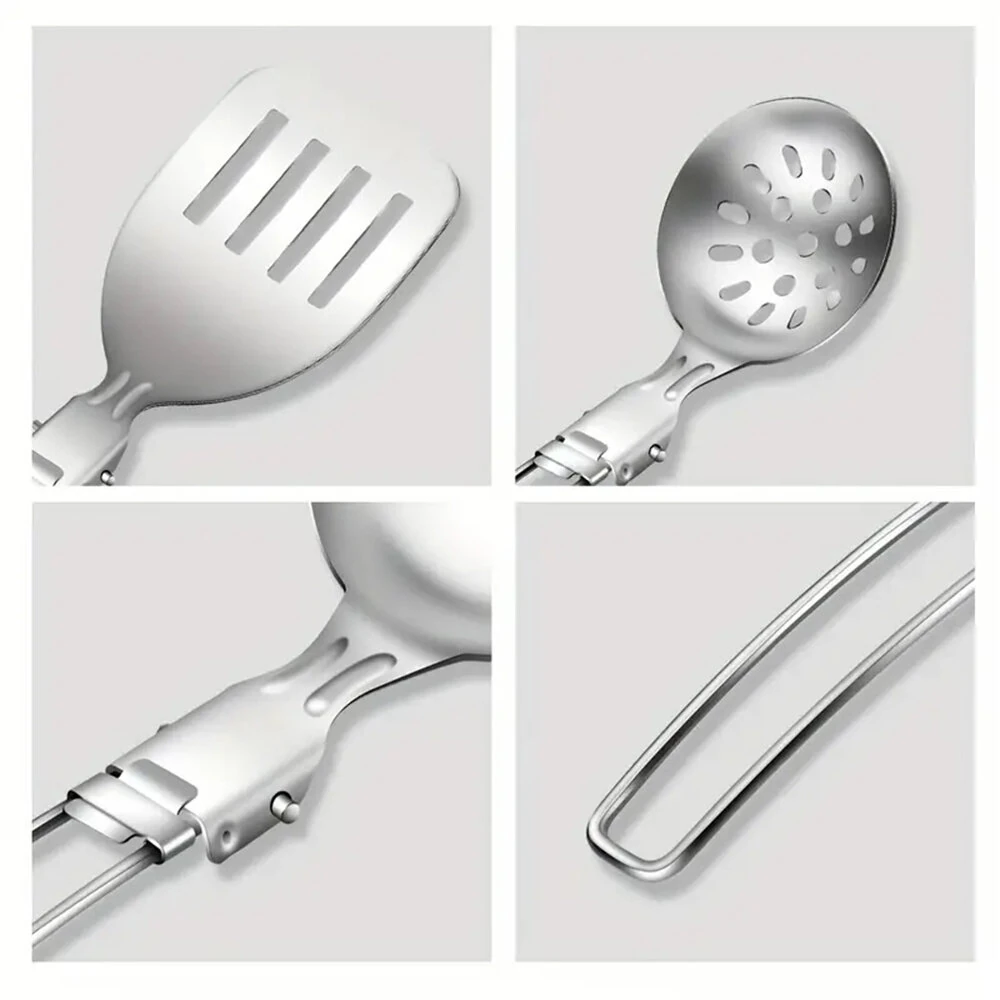 IPRee 6pcs Kitchen Accessories Multi-functional Folding Kitchenware Cookware Stainless Steel Portable Folding Soup Ladle, Perforated Spoon, Scraper, Spatula and Storage Bag — view 3