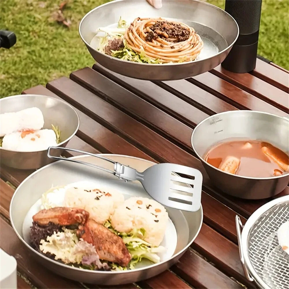 IPRee 6pcs Kitchen Accessories Multi-functional Folding Kitchenware Cookware Stainless Steel Portable Folding Soup Ladle, Perforated Spoon, Scraper, Spatula and Storage Bag — view 7