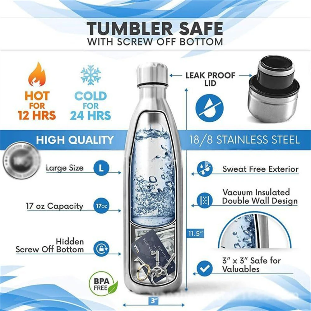 IPRee 750ml Water Bottle with Compartment Portable Water Bottle Pill Organizer Can Safe Hiding Spot for Money Bonus Key Ring Box — view 8