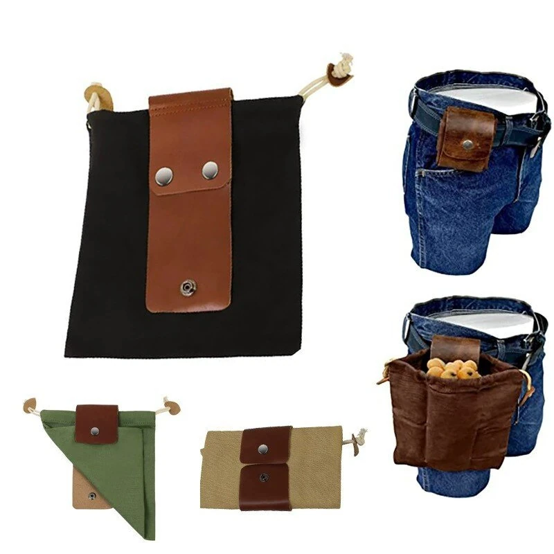 IPRee Foldable Large Capacity Canvas Belt Bag, Pouch, PU Leather Canvas Drawstring Foraging Pouch for Travel Camping Hiking Bag — view 5