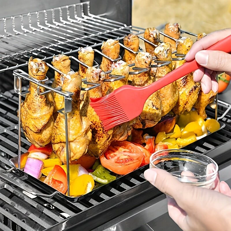 IPRee Outdoor Picnic Grill Set 14-Slot Chicken Leg Wing Rack - Stainless Steel Roaster Stand