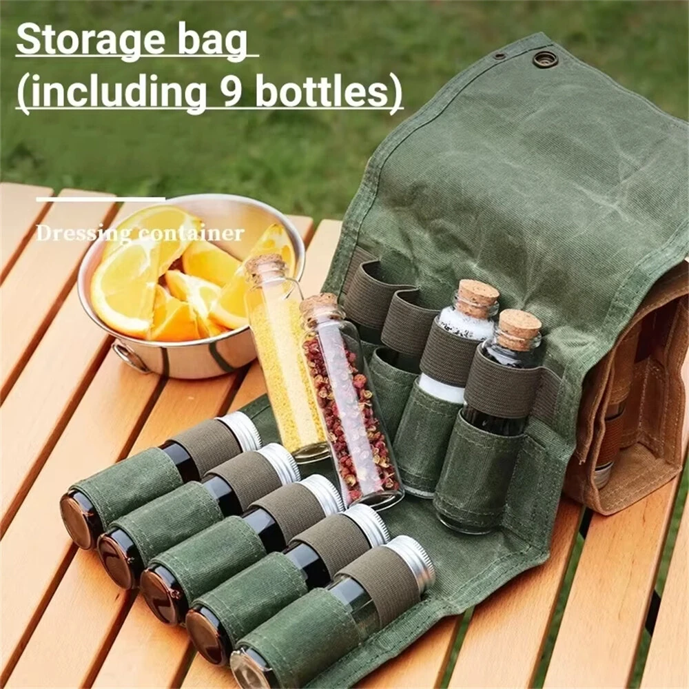IPRee Reliable Outdoor Camping Spice Bottle Storage Bag Free with 9pcs Glass Spice Bottle Storage Bag BBQ Seasoning Bottle Canvas Bag — view 3