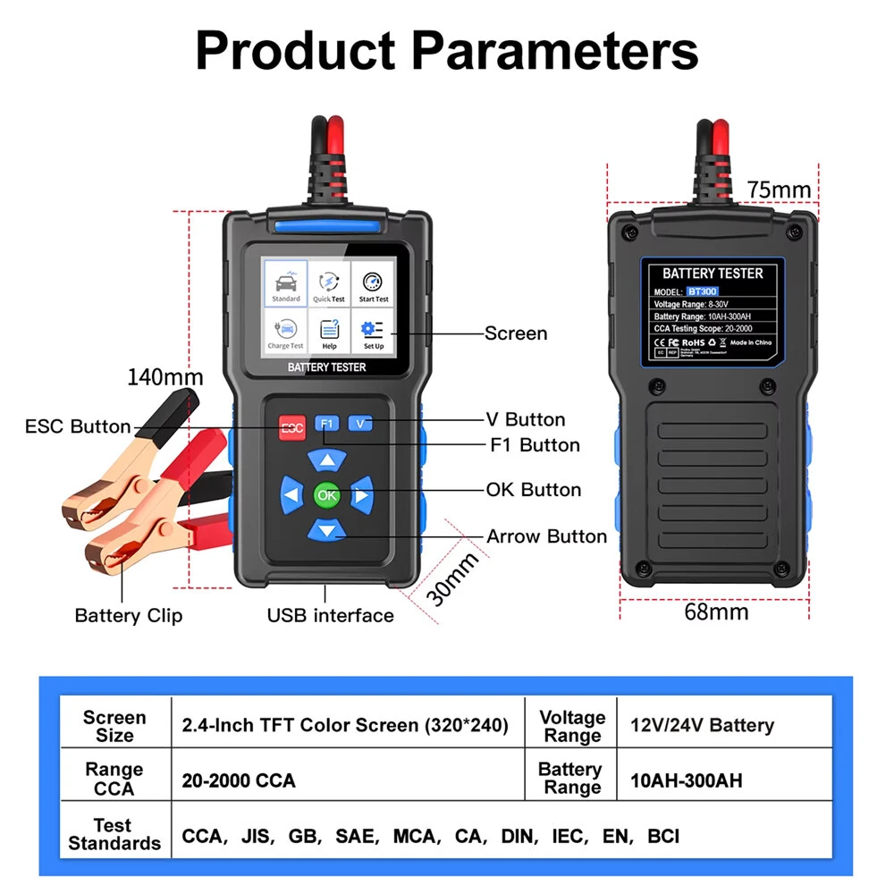 JDiag BT300 12V 24V Car Battery Tester Universal 2.4 inch TFT Color Screen Multiple Testing Modes 20-2000 CCA 10AH-300AH Lead-acid AGM Flat AGM GEL Gel Batteries Tester — view 4