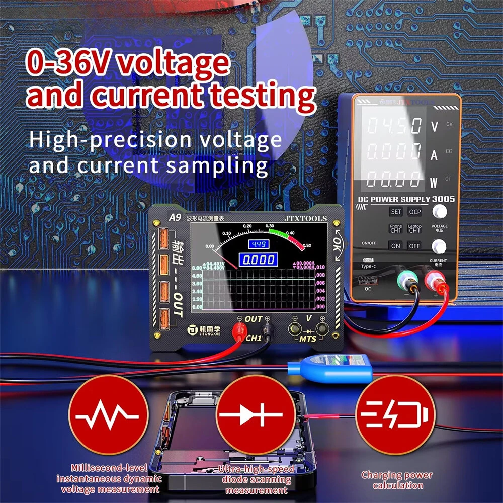 JTX A9 Curve Waveform Multi-function Measuring Meter 0-36V DC Voltage 0-8A Current Tester High Precision Display Electric Repair Tool — view 5