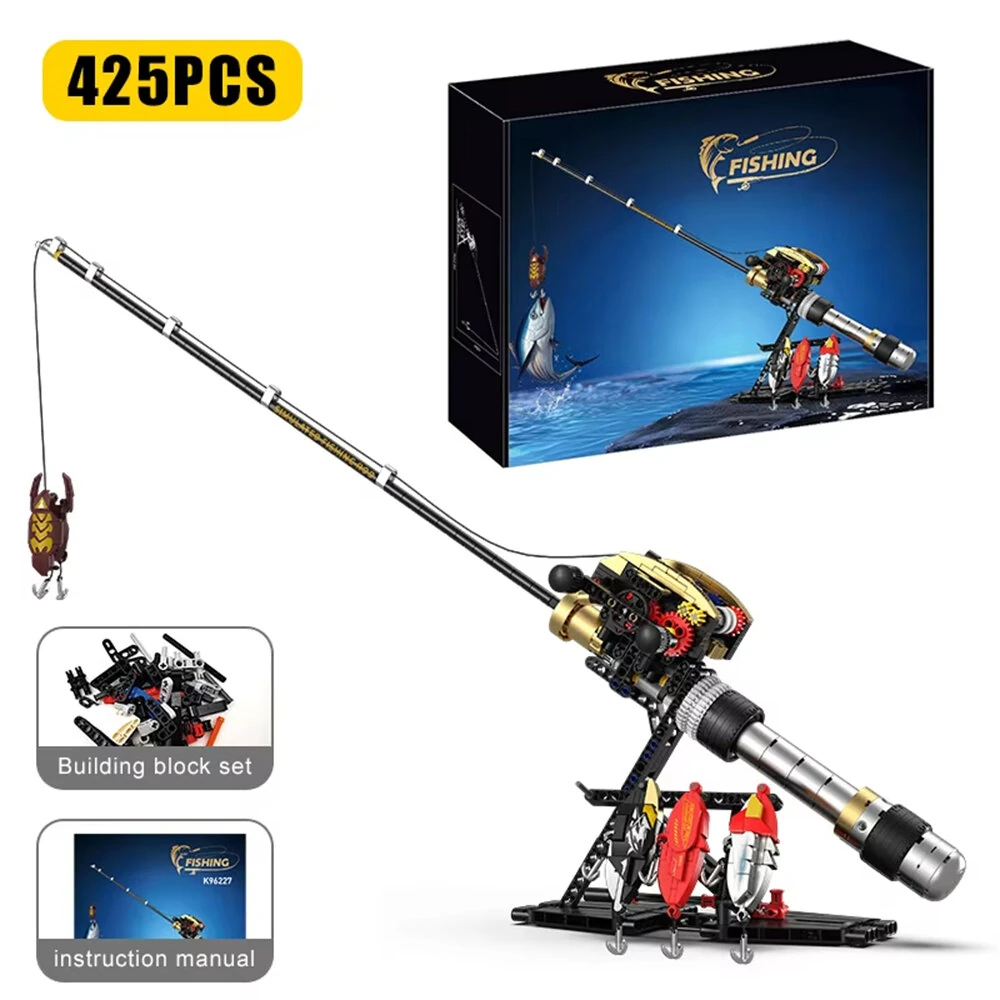 K96227 Bait Baitcasting Reel Fishing Rod Building Block Assembly kit 425PCS Simulation Bait Fishing Poles Bricks Set Toys Kid Gift — view 2