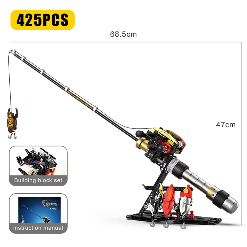 K96227 Bait Baitcasting Reel Fishing Rod Building Block Assembly kit 425PCS Simulation Bait Fishing Poles Bricks Set Toys Kid Gift — view 3