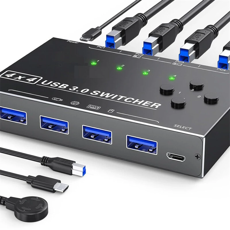 KCEVE 4x4 USB3.0 Sharing Switch,4 in 4 Out USB Switch for Printer Keyboard Mouse, Multi-Device Sharing Adapter for PC Laptop — view 2