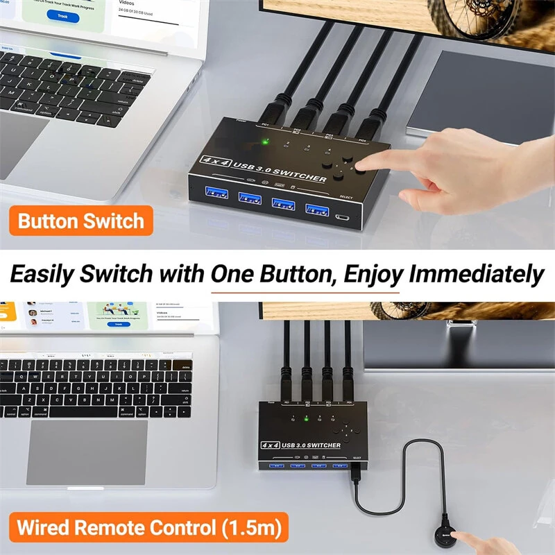 KCEVE 4x4 USB3.0 Sharing Switch,4 in 4 Out USB Switch for Printer Keyboard Mouse, Multi-Device Sharing Adapter for PC Laptop — view 6