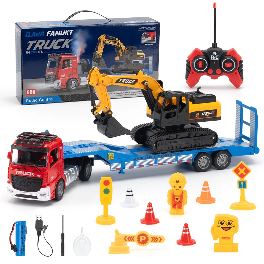 KFPLAN 689-964A Alloy Trailer Engineering Transporter RC Car Flatbed Remote Control Model with RC Excavator Children Toy — KFPLAN