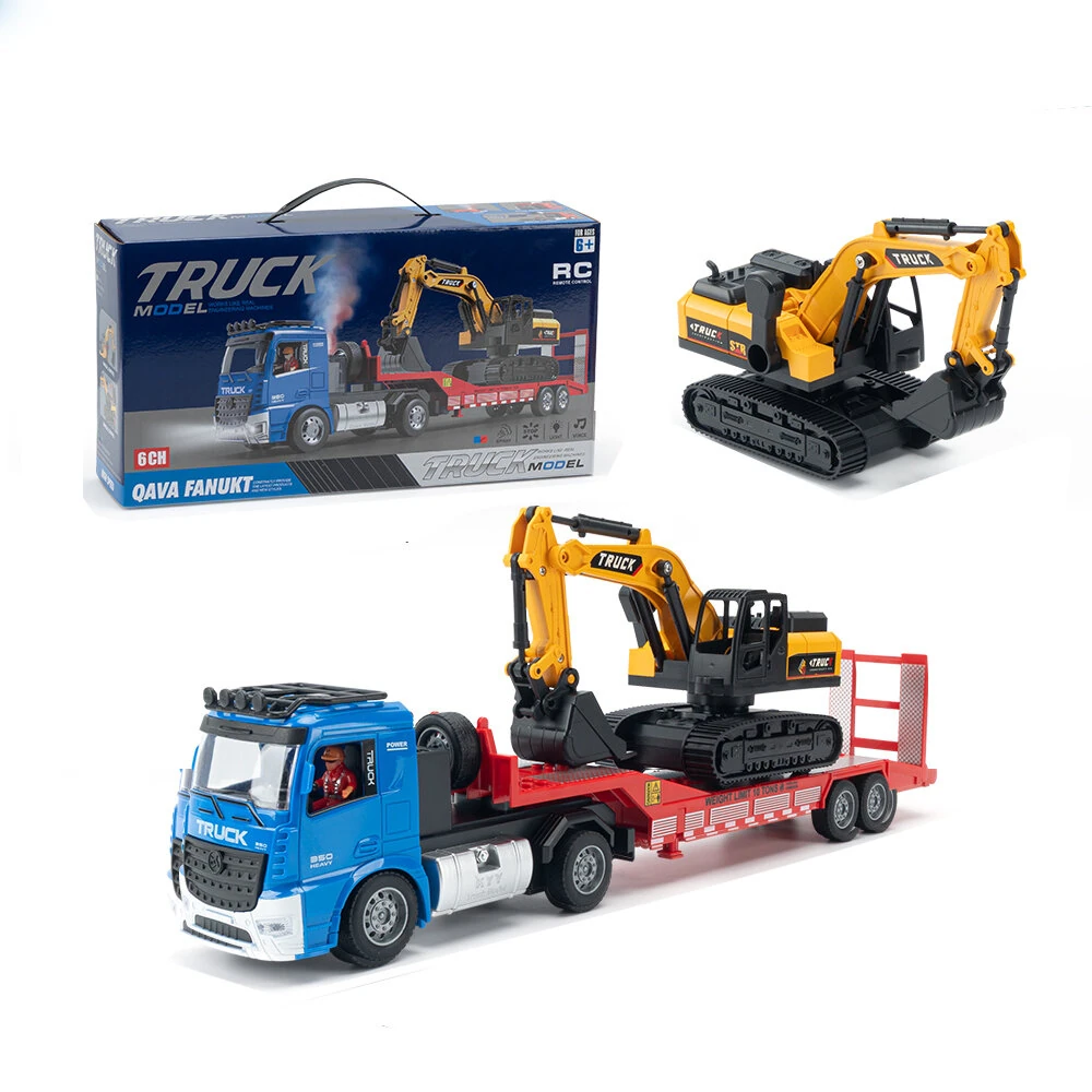 KFPLAN 689-964A Alloy Trailer Engineering Transporter RC Car Flatbed Remote Control Model with RC Excavator Children Toy — view 3