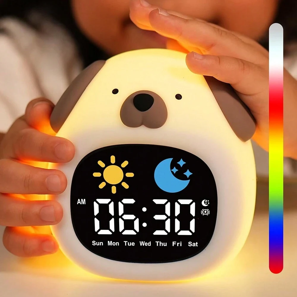 Kids Alarm Clock Sleep Trainer Clock Kids Room Cute Toddler Puppy Shape Night Light Clock Touch Night Light with 6 Types of White Noise 8 Color Night Light — view 2