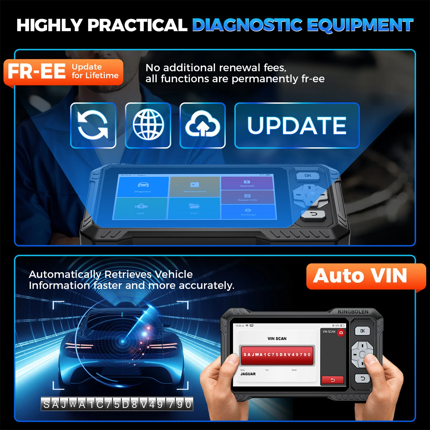 KINGBOLEN S608 OBD2 Scanner Automotive Diagnostic Tool 4 System Diagnosis 9 Resets Bi-Directional Control CANFD Lifetime Free Update Professional Car Code Reader — view 8