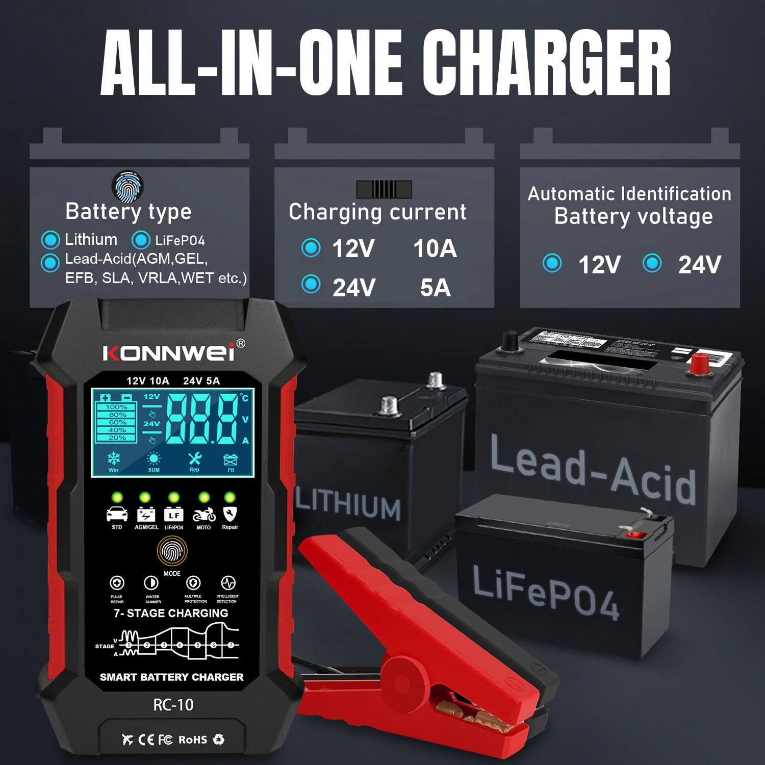 KONNWEI 12V 10A & 24V 5A Smart Automatic Battery Charger  & Pulse Repair Tool 100-240V/50-60Hz — view 3