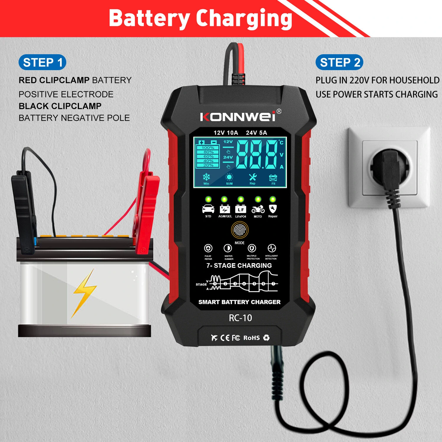 KONNWEI 12V 10A & 24V 5A Smart Automatic Battery Charger  & Pulse Repair Tool 100-240V/50-60Hz — view 5