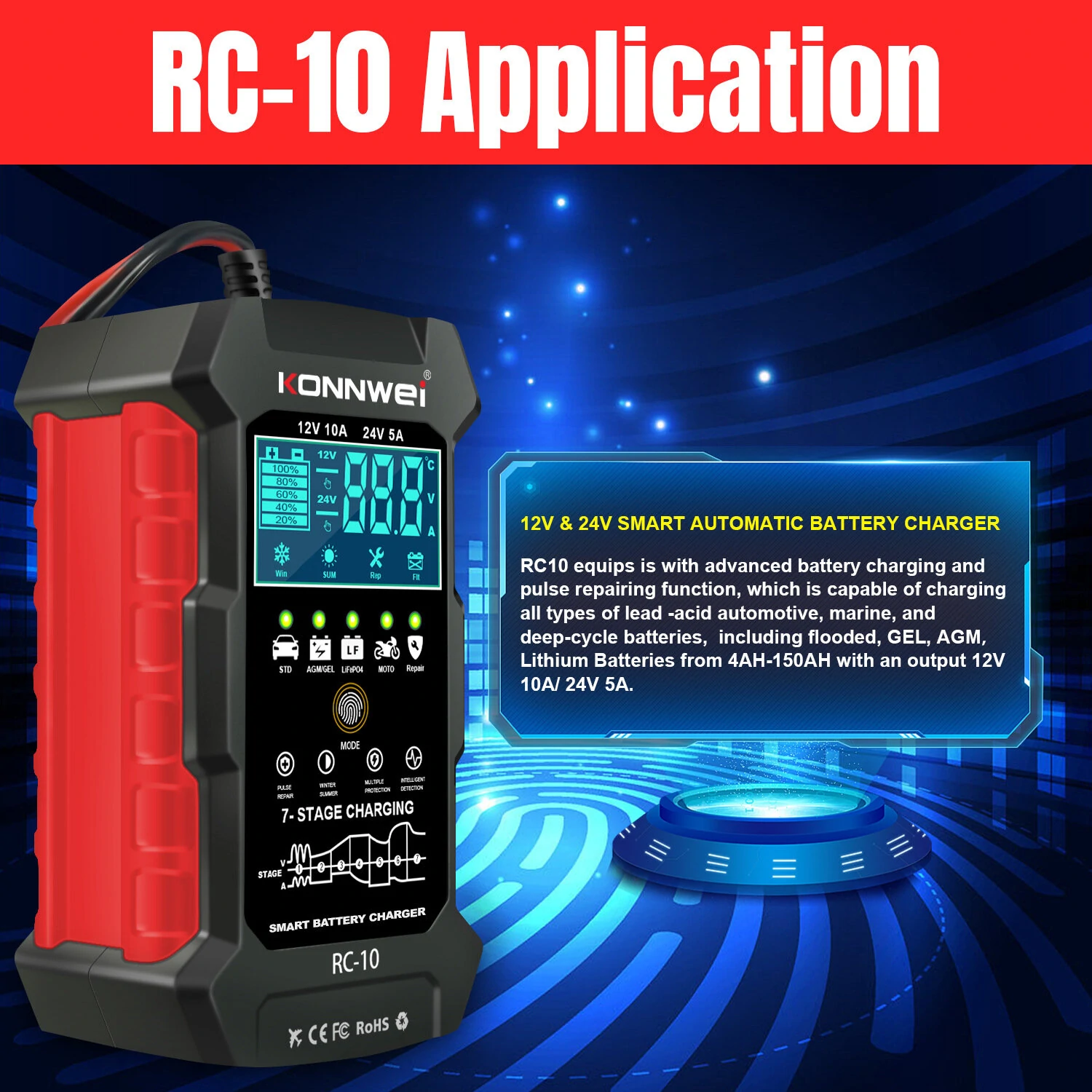 KONNWEI 12V 10A & 24V 5A Smart Automatic Battery Charger  & Pulse Repair Tool 100-240V/50-60Hz — view 6