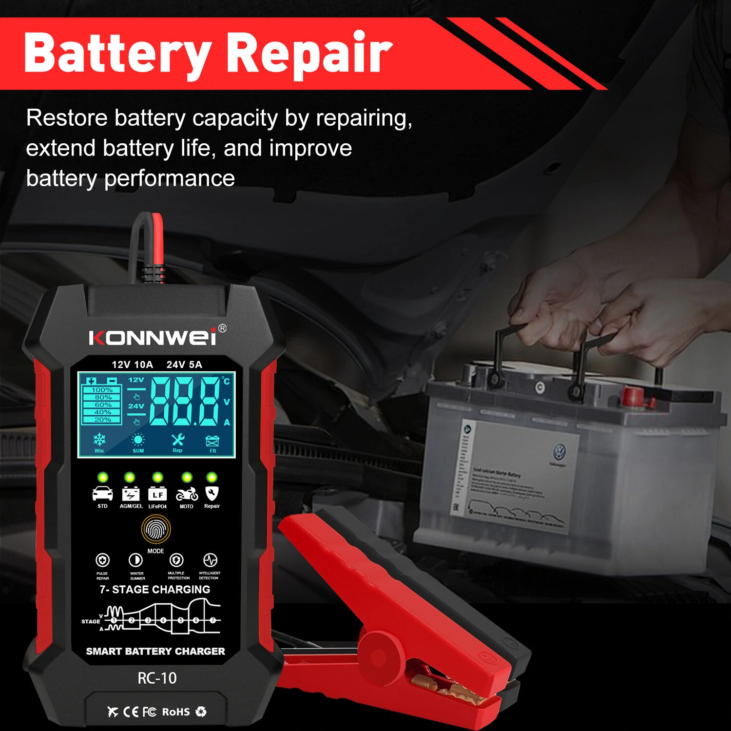 KONNWEI 12V 10A & 24V 5A Smart Automatic Battery Charger  & Pulse Repair Tool 100-240V/50-60Hz — view 7