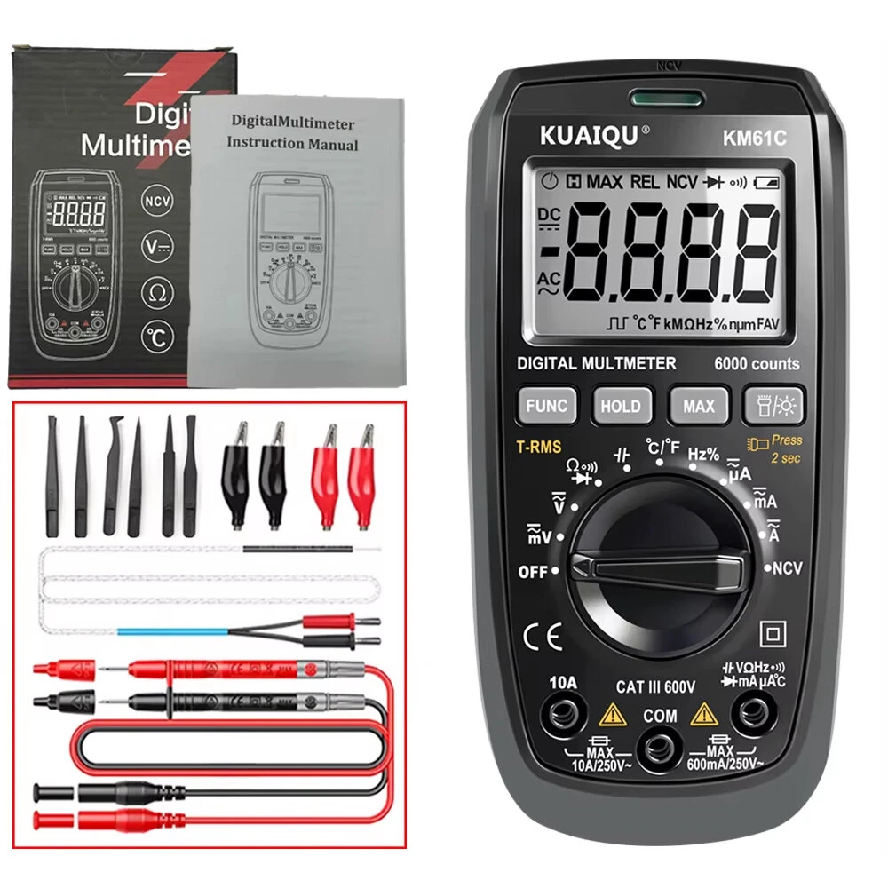 KUAIQU KM61B/KM61C Digital Multimeter 6000 Counts Auto Range True RMS Multimeter AC DC Voltage Current Resistance Capacitance Frequency Temperature Test — view 2