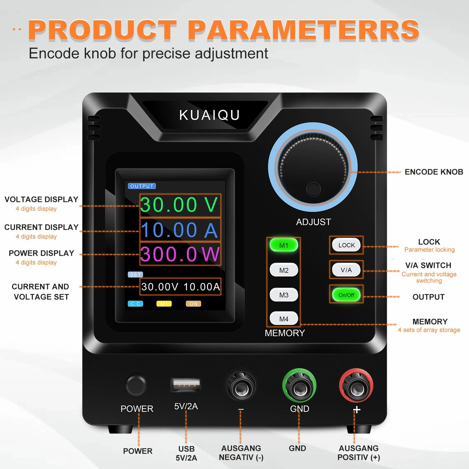 KUAIQU Programmable DC Power Supply Adjustable 305/3010/605/1203 with HD 4-Digit Color Display Precise Encoder Knobs USB Port Smart Cooling Fan — view 4