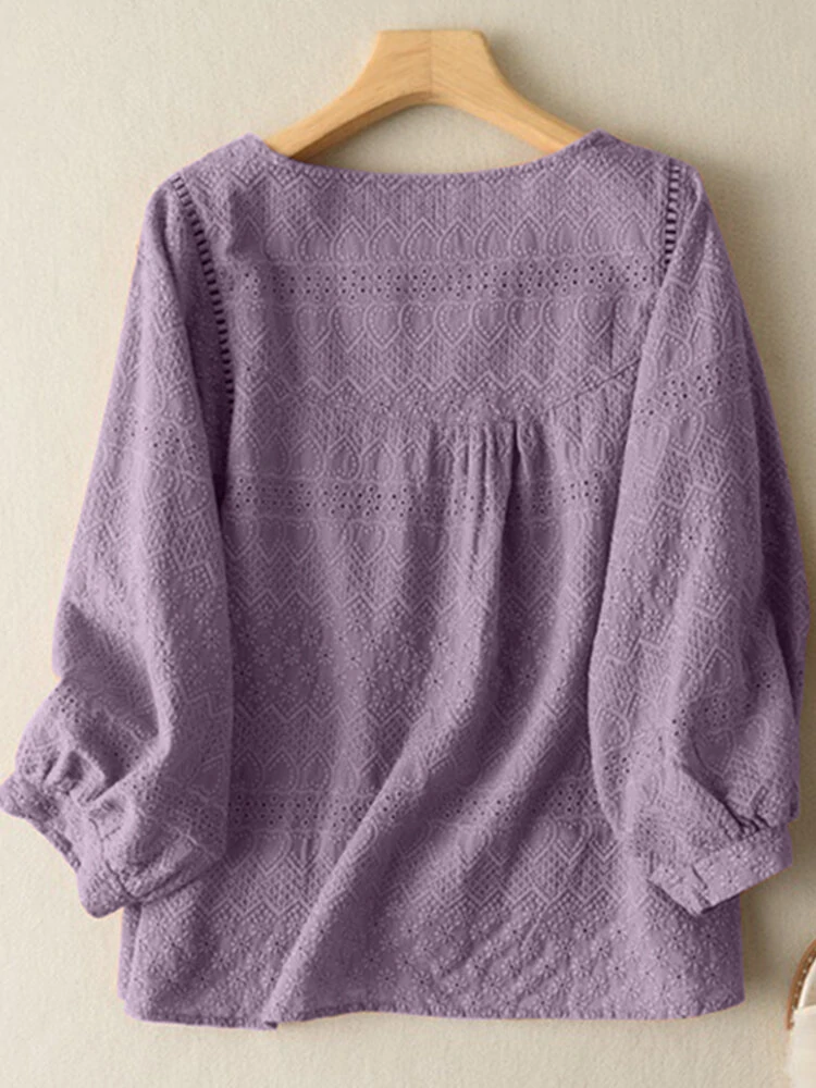 Lace Solid Long Sleeve Crew Neck Casual Blouse — view 4