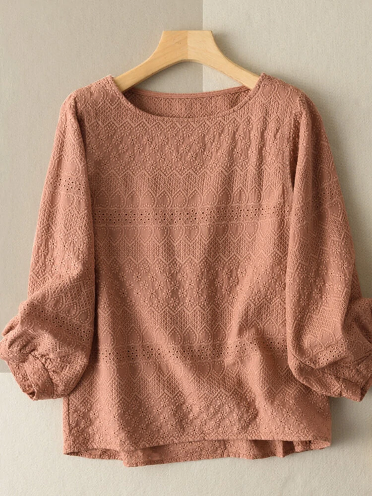 Lace Solid Long Sleeve Crew Neck Casual Blouse — view 5