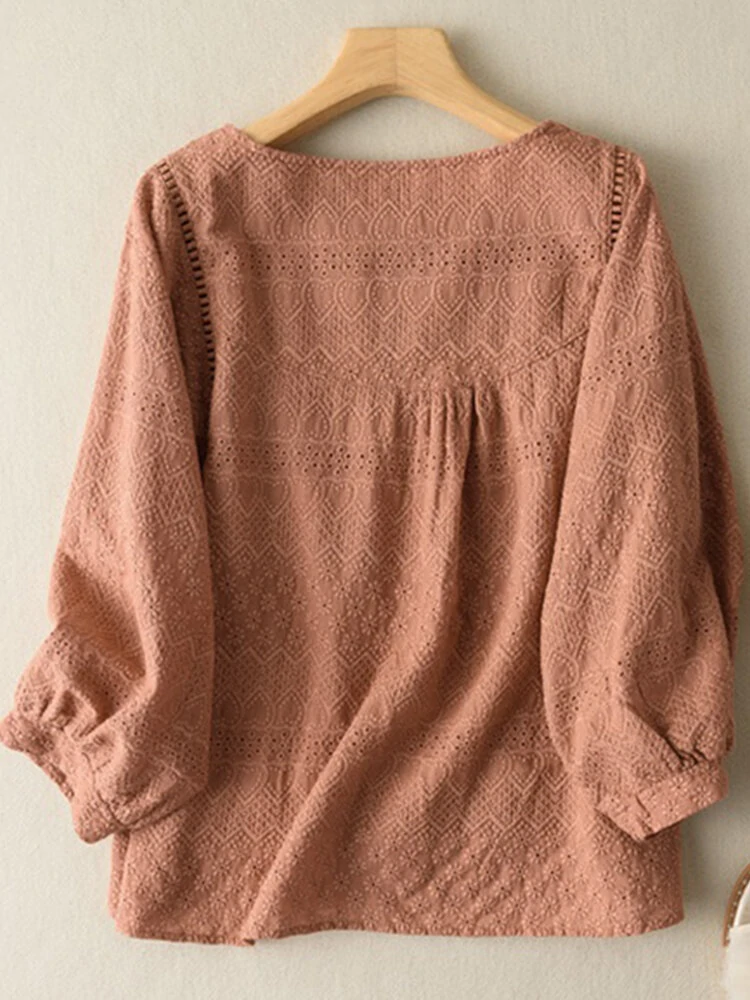 Lace Solid Long Sleeve Crew Neck Casual Blouse — view 6
