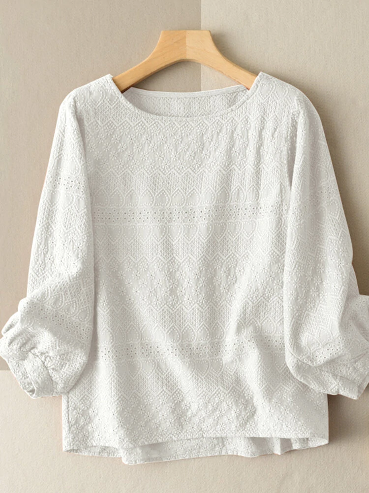Lace Solid Long Sleeve Crew Neck Casual Blouse — view 7