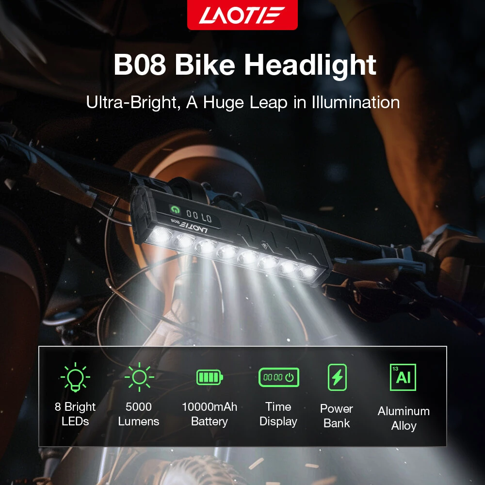 LAOTIE B08 8 LEDs Bicycle Headlight 5000 lm Brightness 500m Distance IP65 Waterproof Type-C Rechargeable Battery Digital Display Protable Flashlight for MTB Road Cycling — view 3