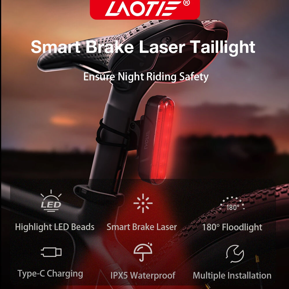 LAOTIE LS80 Smart Brake Sensor Bike Taillight 500mAh Battery 6 Light Modes Type-C Rechargeable IPX5 Waterproof Wear-resistant Bicycle Rear Light for Night Cycling — view 2