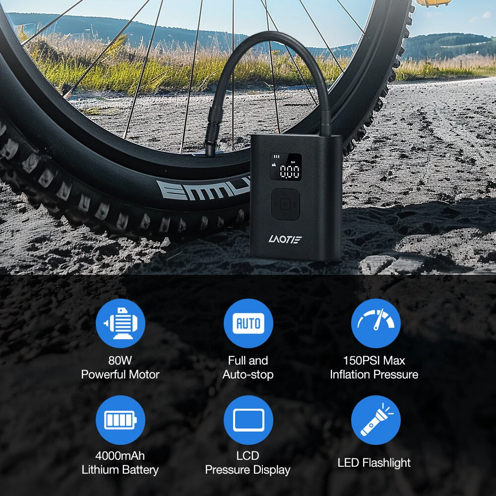 LAOTIE Q7 Mini Electric Bike Air Pump 150PSI 4000mAh Type-C Rechargeable LED Digital Gauge High Pressure Display Portable Cycle Car Motorbike Football Inflator With Hose Tube Adapter — view 3