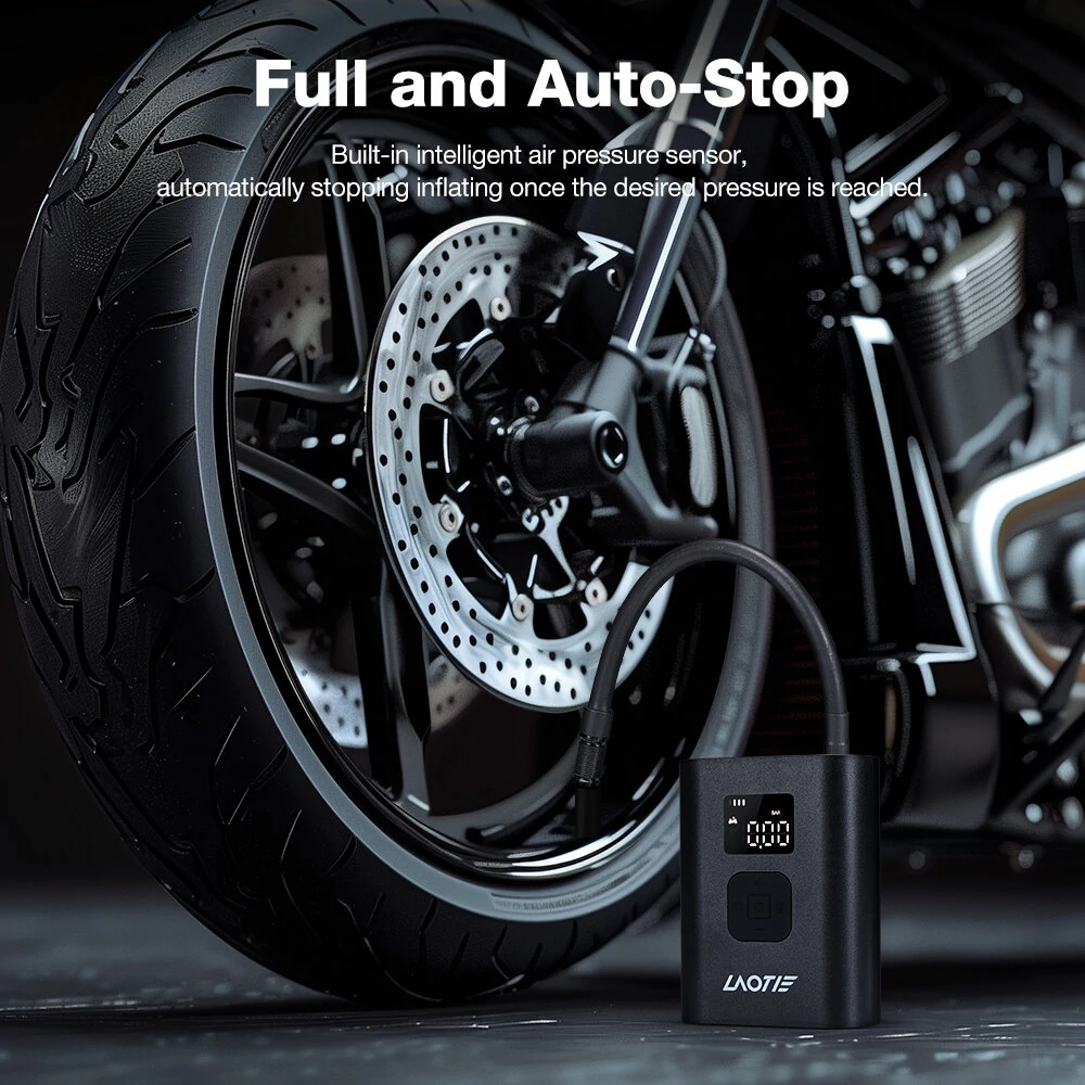 LAOTIE Q7 Mini Electric Bike Air Pump 150PSI 4000mAh Type-C Rechargeable LED Digital Gauge High Pressure Display Portable Cycle Car Motorbike Football Inflator With Hose Tube Adapter — view 5