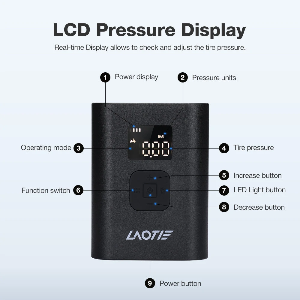 LAOTIE Q7 Mini Electric Bike Air Pump 150PSI 4000mAh Type-C Rechargeable LED Digital Gauge High Pressure Display Portable Cycle Car Motorbike Football Inflator With Hose Tube Adapter — view 6