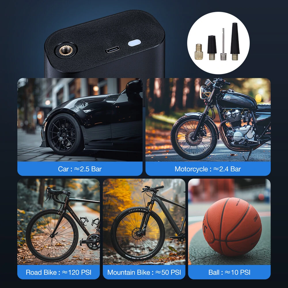 LAOTIE Q7 Mini Electric Bike Air Pump 150PSI 4000mAh Type-C Rechargeable LED Digital Gauge High Pressure Display Portable Cycle Car Motorbike Football Inflator With Hose Tube Adapter — view 8